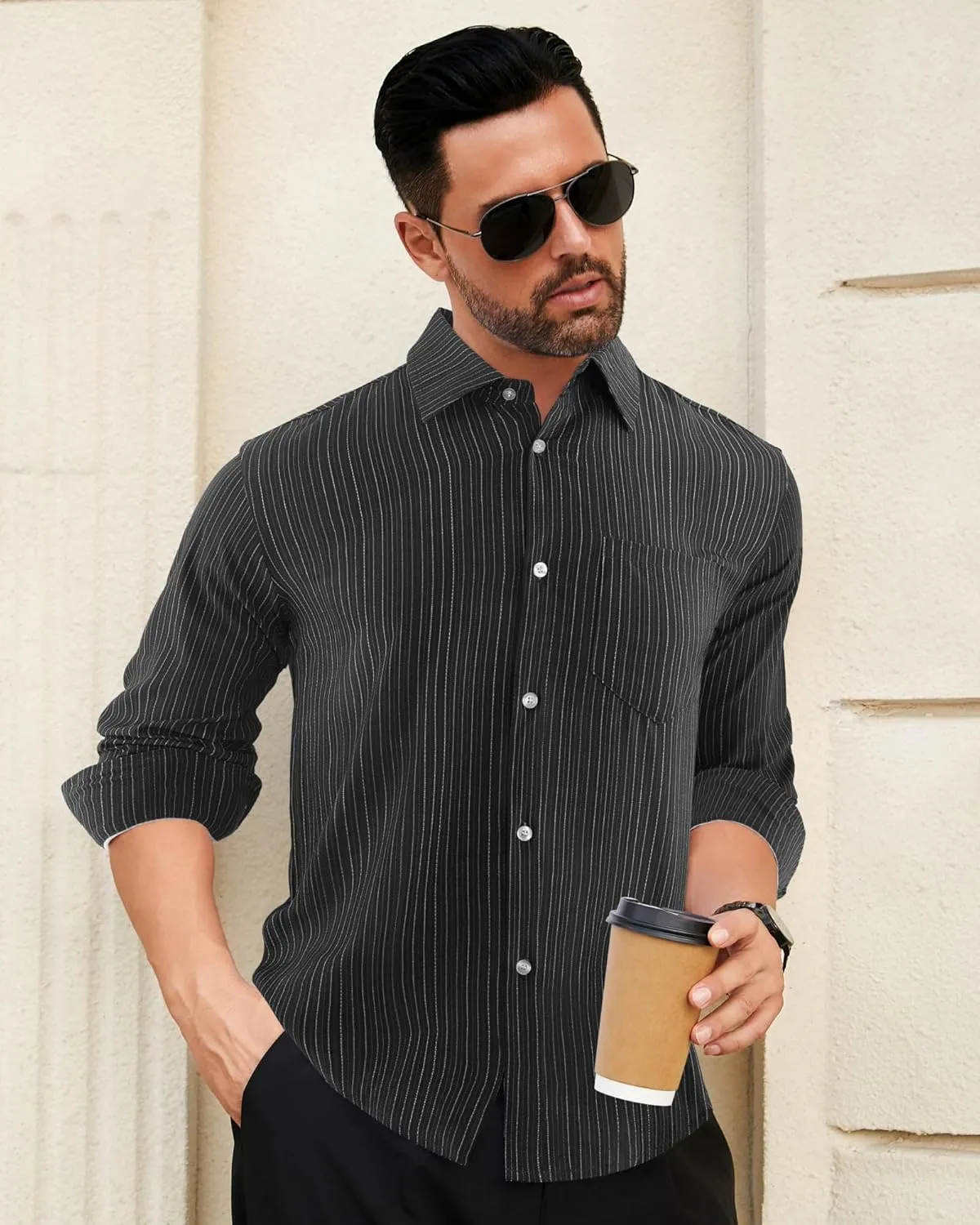BOJIN Men's Dress Wrinkle-Free Stretch Long Sleeve Wedding Dating Business Casual Button Down Shirts with Pocket