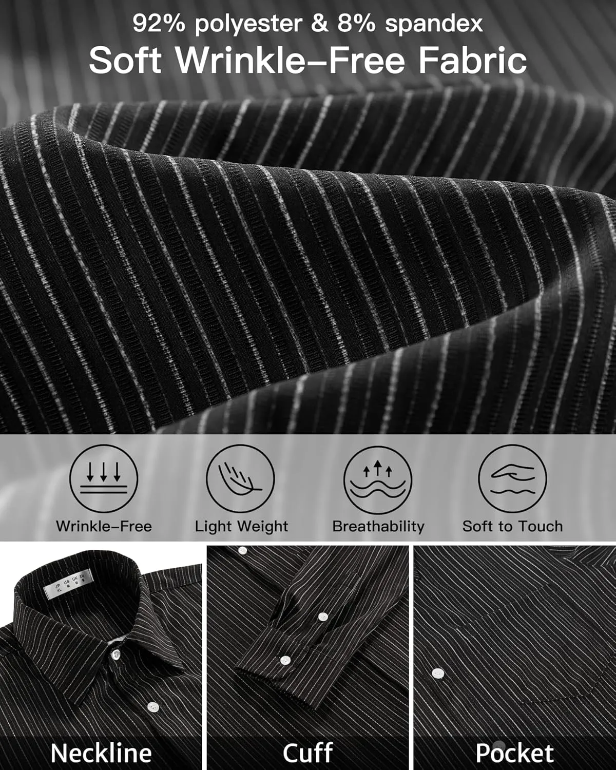 BOJIN Men's Dress Wrinkle-Free Stretch Long Sleeve Wedding Dating Business Casual Button Down Shirts with Pocket