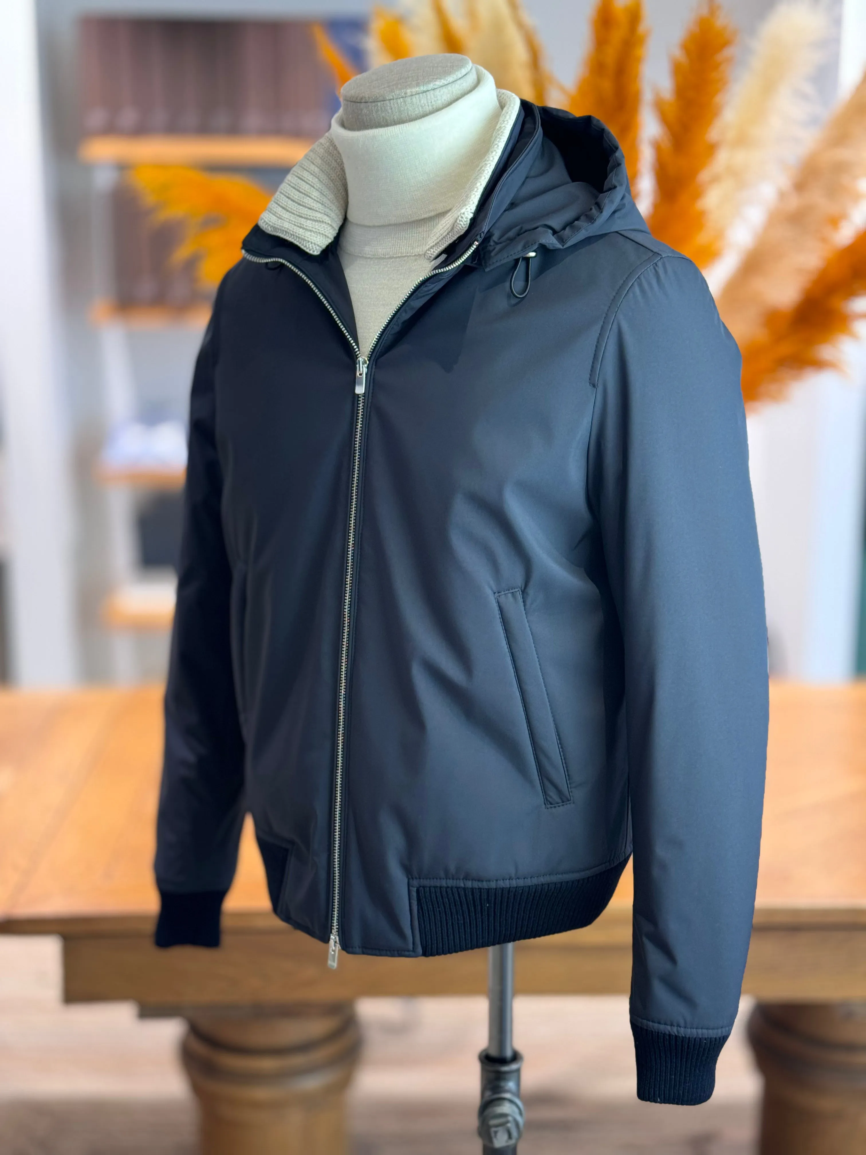 Bomber Hooded with Knitted Collar - Technical Navy