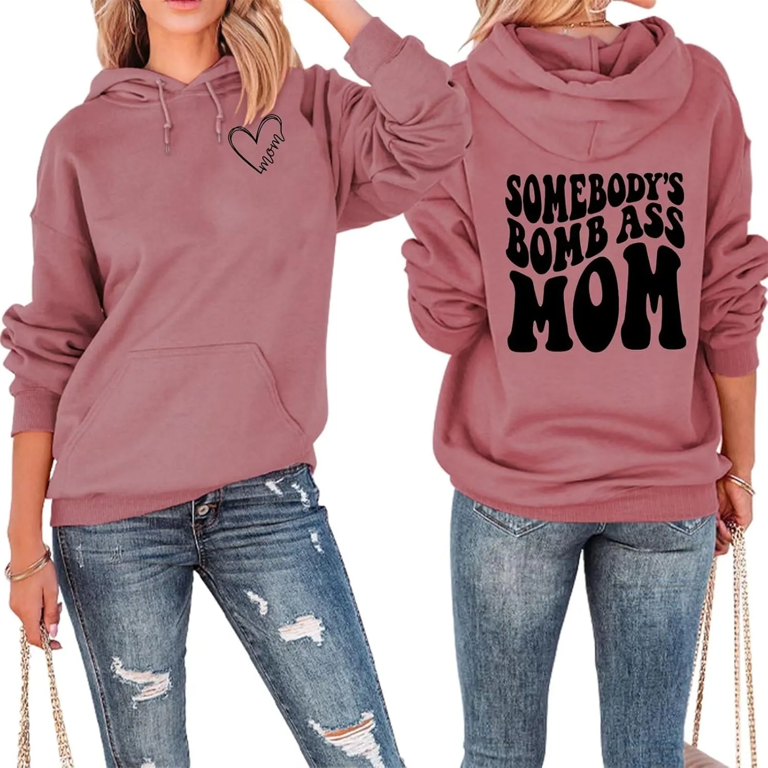 BOYRMSLGY Mama Hoodies for Women Somebody's Bomb Ass Mom Sweatshirt Funny Letter Print Drawstring Pullover Top with Pocket