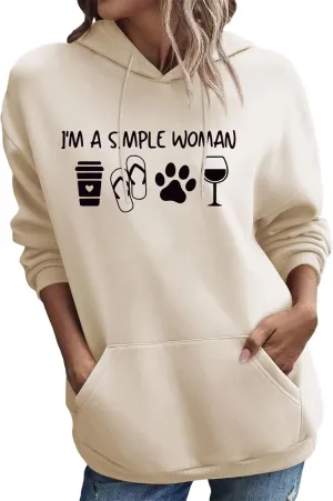 BOYRMSLGY Womens Casual Hoodies I'm A Simple Woman Shirts Coffee Dog Beach Wine Graphic Graphic Printed Drawstring Sweatshirt