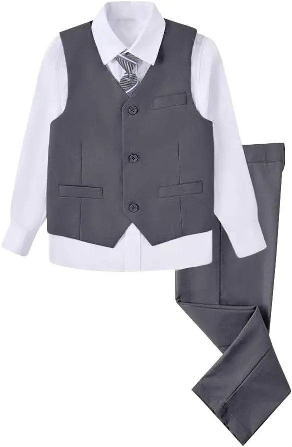 Boys 4 Pieces Suits Slim Fit Kids Outfits Vest Pants Sets Black Blue Formal Dresswear for Boy
