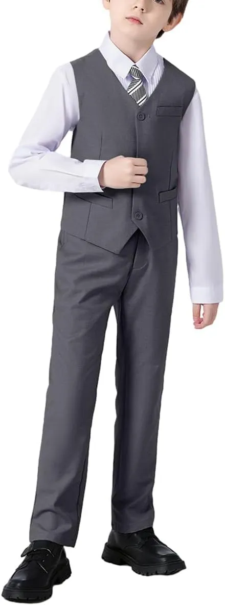 Boys 4 Pieces Suits Slim Fit Kids Outfits Vest Pants Sets Black Blue Formal Dresswear for Boy