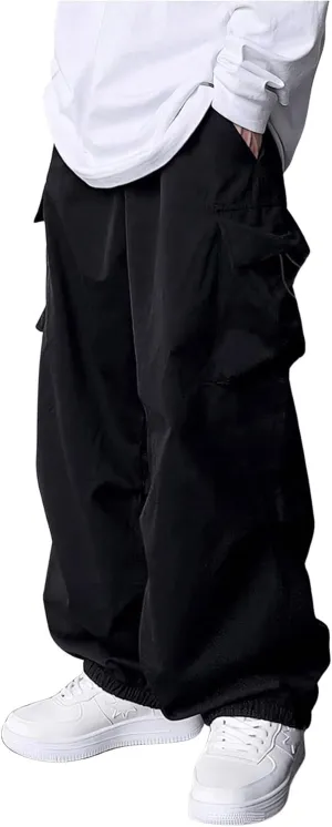 Boy's Wide Leg Cargo Pants Drawstring Waist Baggy Track Pants Trousers Streetwear