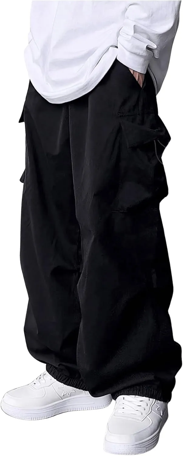 Boy's Wide Leg Cargo Pants Drawstring Waist Baggy Track Pants Trousers Streetwear
