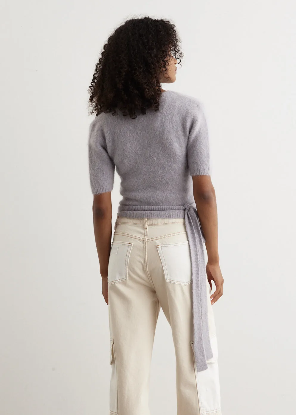 Brushed Alpaca Short-Sleeve Wrap Blouse
