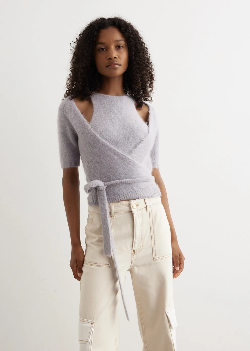 Brushed Alpaca Short-Sleeve Wrap Blouse
