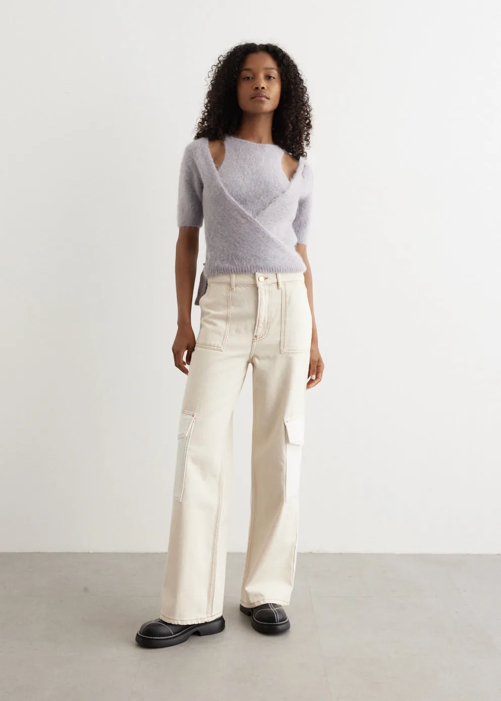 Brushed Alpaca Short-Sleeve Wrap Blouse