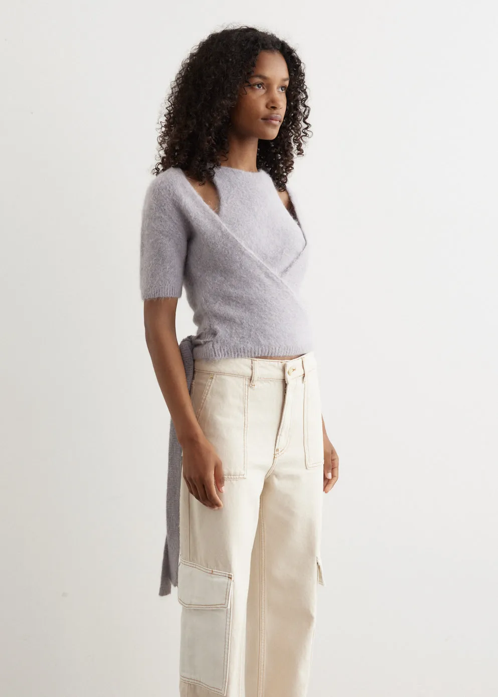 Brushed Alpaca Short-Sleeve Wrap Blouse