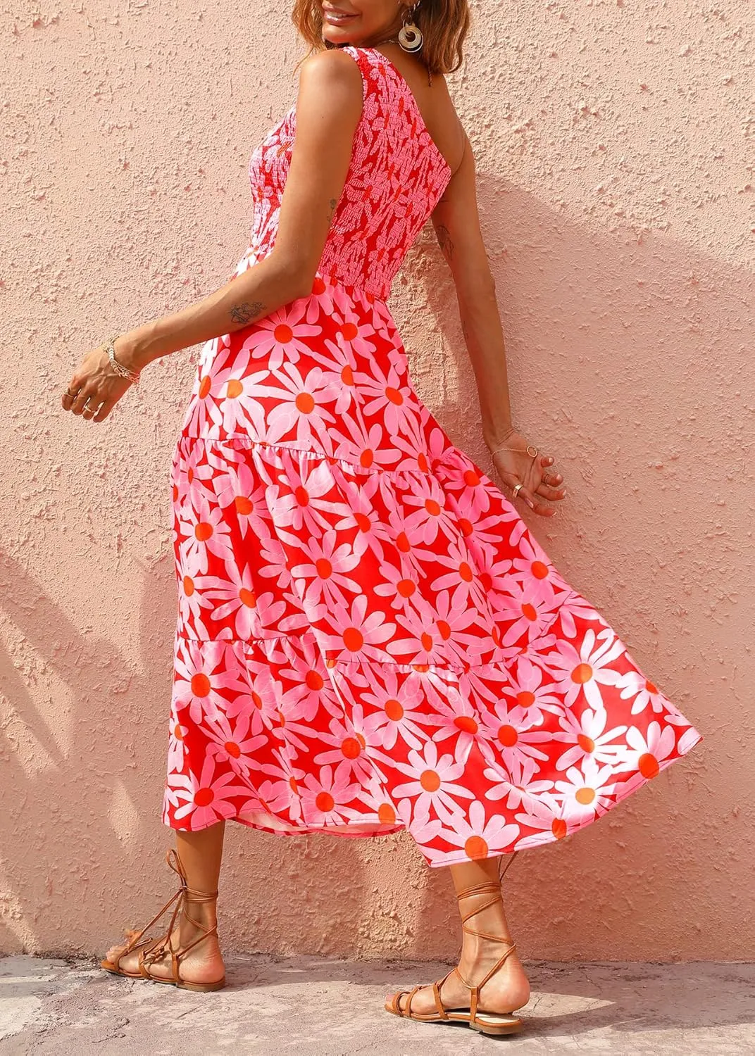 BTFBM 2025 Summer One Shoulder Dresses for Women Casual Sleeveless High Waist Floral Flowy Smocked Boho Beach Maxi Dress
