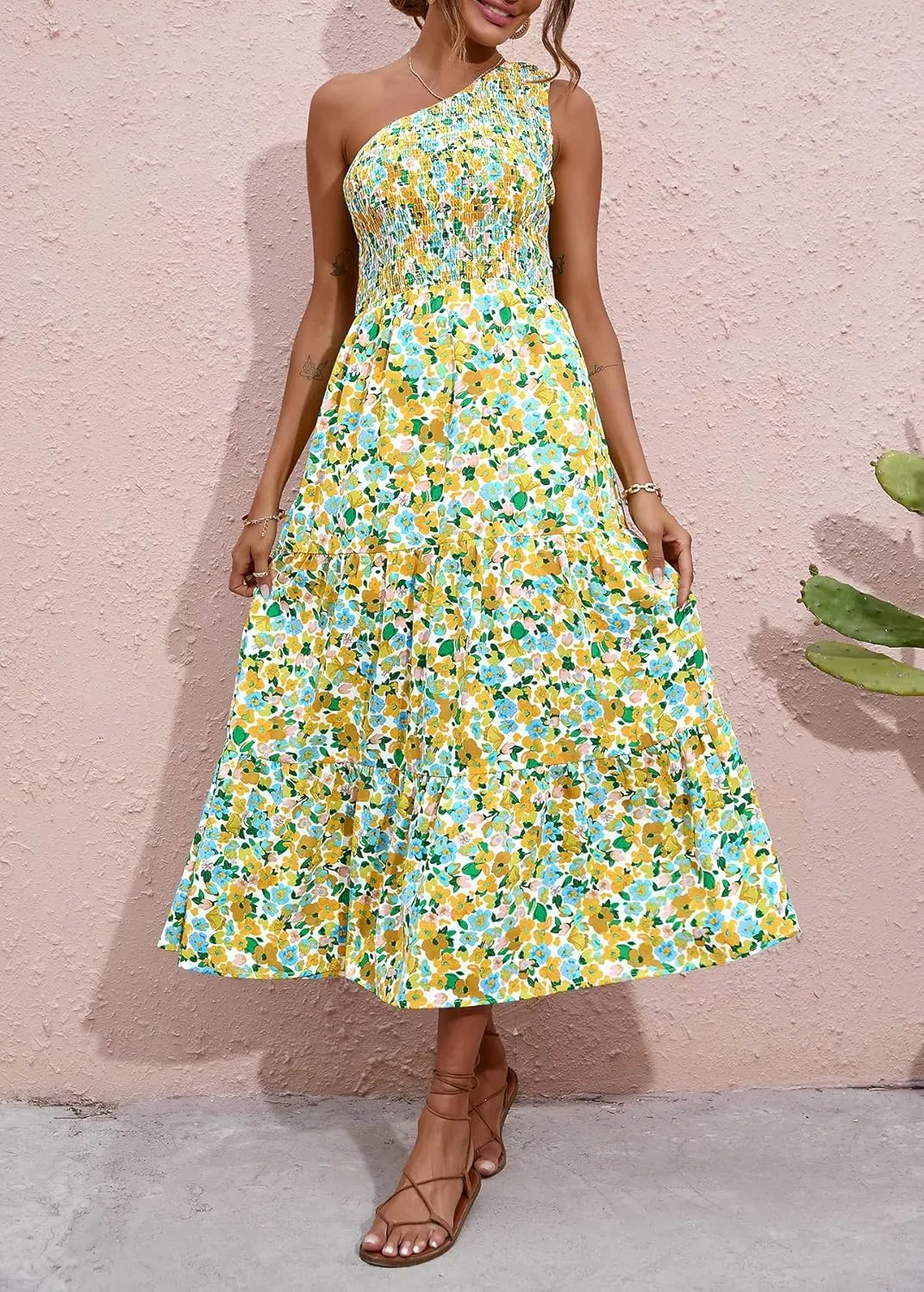 BTFBM 2025 Summer One Shoulder Dresses for Women Casual Sleeveless High Waist Floral Flowy Smocked Boho Beach Maxi Dress