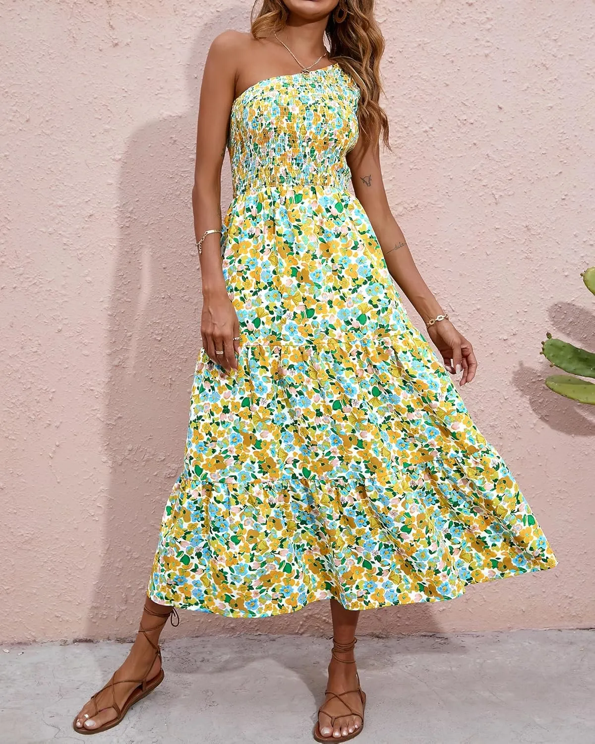 BTFBM 2025 Summer One Shoulder Dresses for Women Casual Sleeveless High Waist Floral Flowy Smocked Boho Beach Maxi Dress