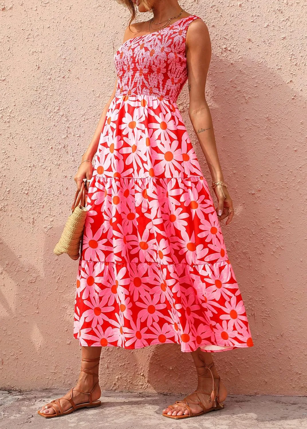 BTFBM 2025 Summer One Shoulder Dresses for Women Casual Sleeveless High Waist Floral Flowy Smocked Boho Beach Maxi Dress