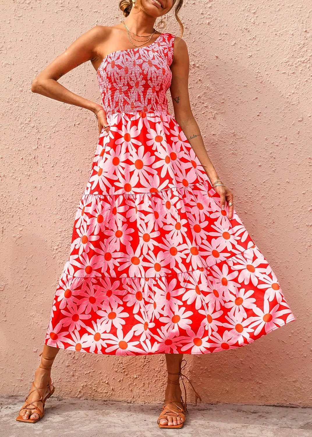 BTFBM 2025 Summer One Shoulder Dresses for Women Casual Sleeveless High Waist Floral Flowy Smocked Boho Beach Maxi Dress