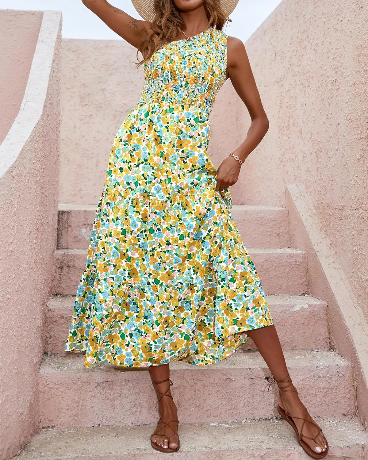 BTFBM 2025 Summer One Shoulder Dresses for Women Casual Sleeveless High Waist Floral Flowy Smocked Boho Beach Maxi Dress