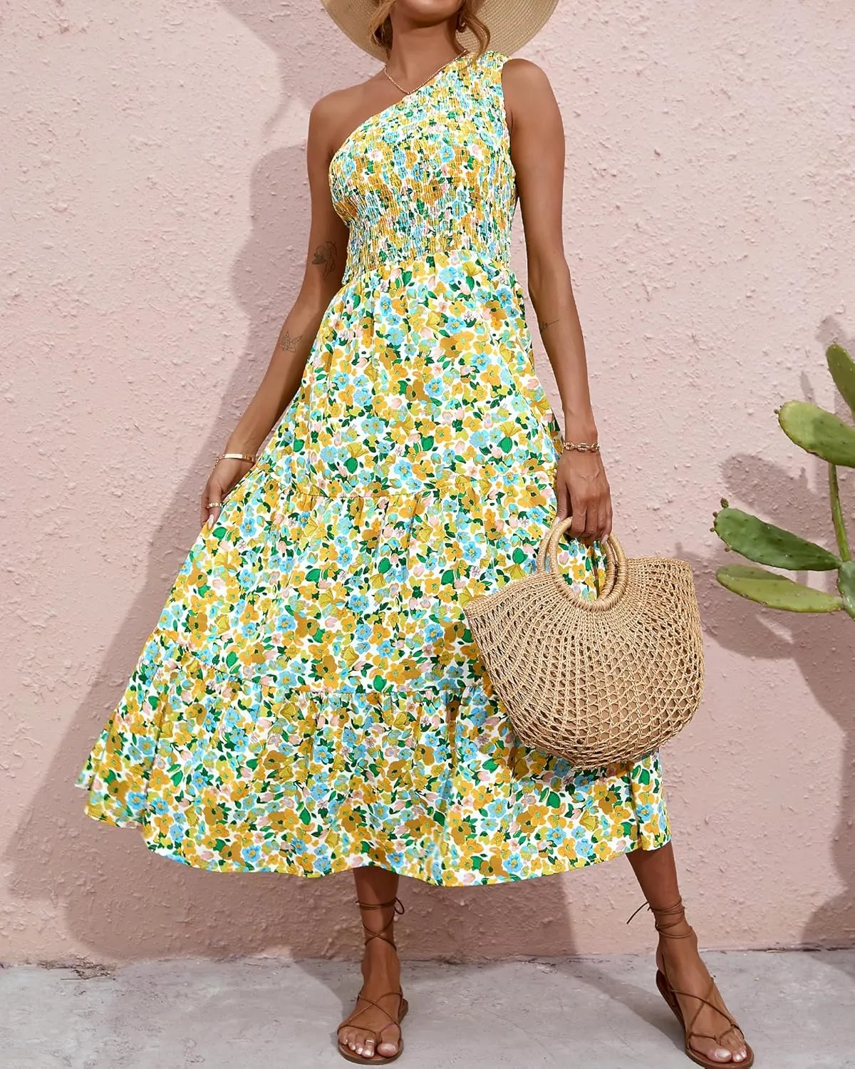 BTFBM 2025 Summer One Shoulder Dresses for Women Casual Sleeveless High Waist Floral Flowy Smocked Boho Beach Maxi Dress