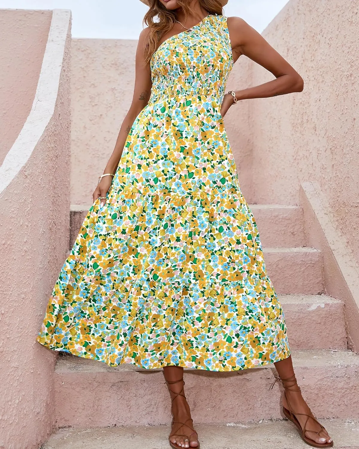 BTFBM 2025 Summer One Shoulder Dresses for Women Casual Sleeveless High Waist Floral Flowy Smocked Boho Beach Maxi Dress