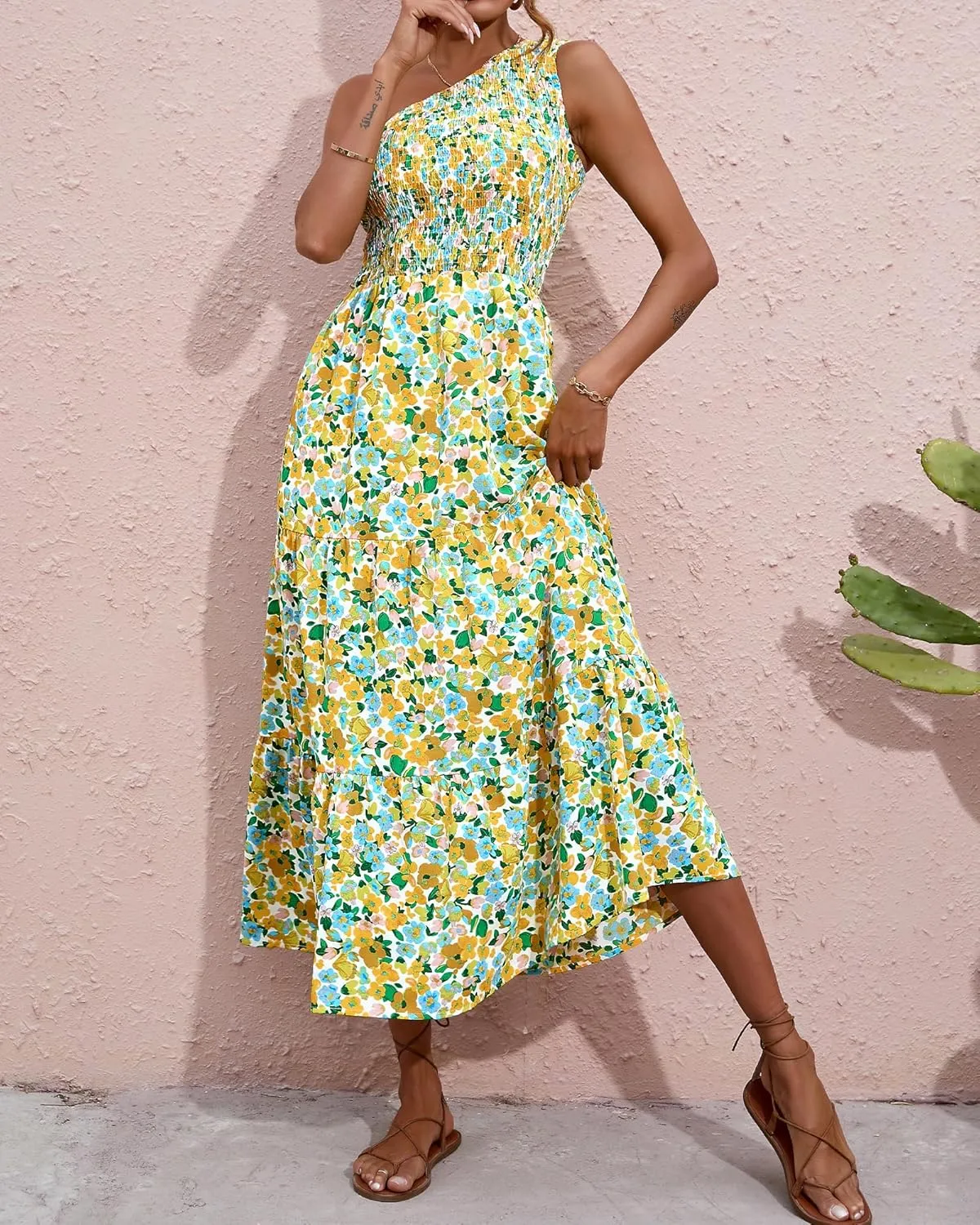 BTFBM 2025 Summer One Shoulder Dresses for Women Casual Sleeveless High Waist Floral Flowy Smocked Boho Beach Maxi Dress
