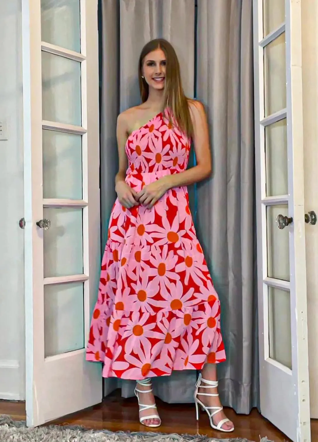BTFBM 2025 Summer One Shoulder Dresses for Women Casual Sleeveless High Waist Floral Flowy Smocked Boho Beach Maxi Dress