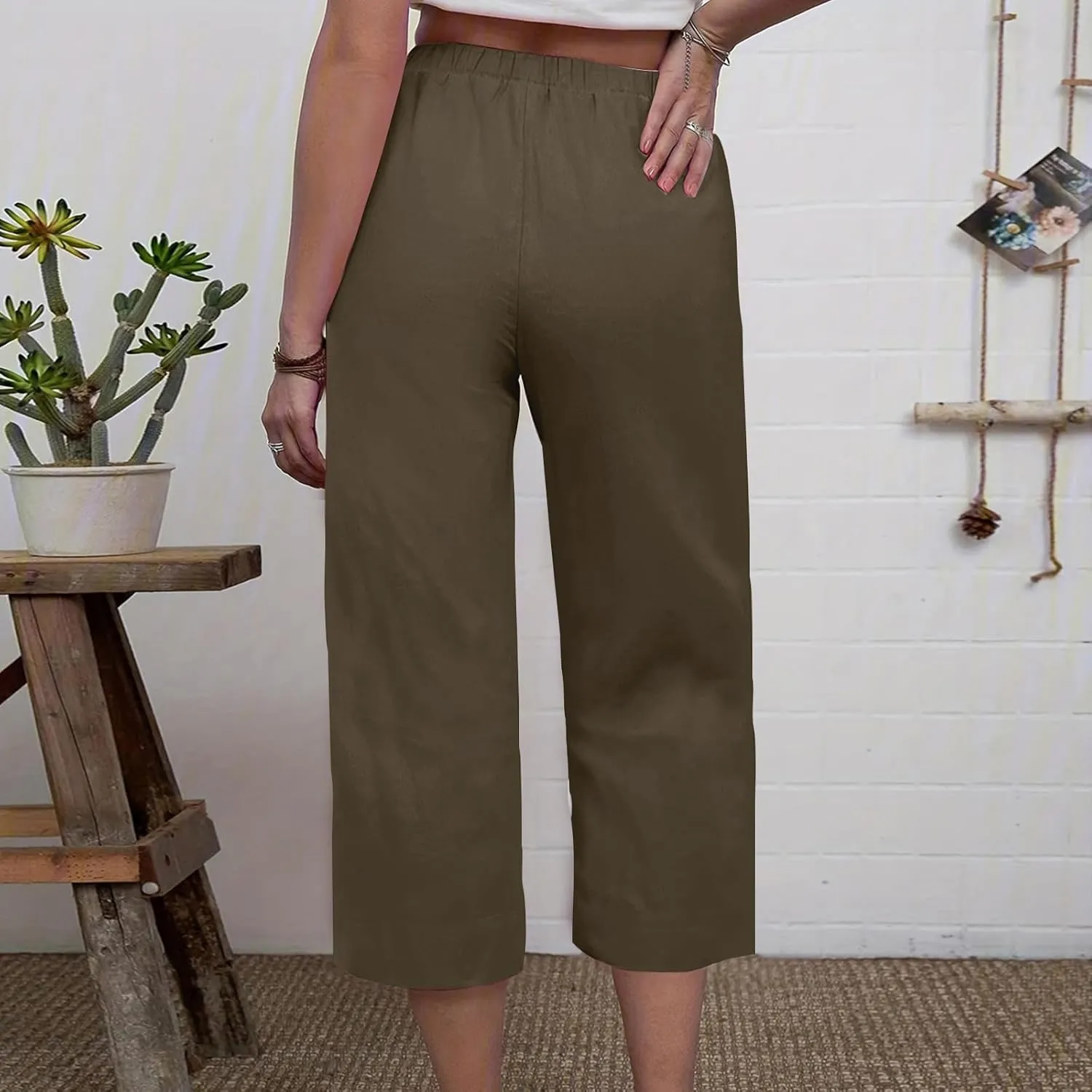 Capri Linen Pants Women Casual Wide Leg Summer Palazzo Pant Elastic High Waisted Flowy Beach Trouser with Pocket 2025