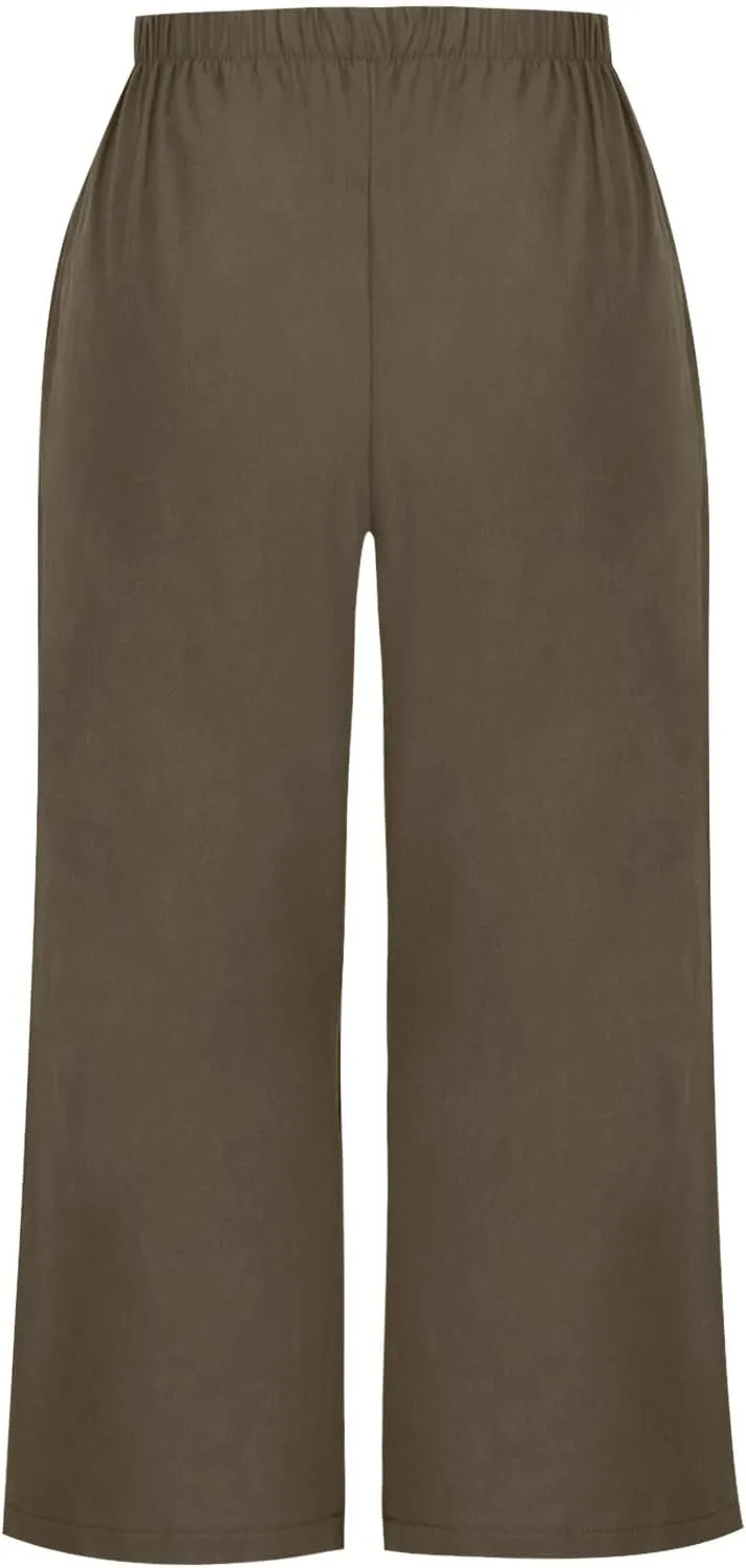 Capri Linen Pants Women Casual Wide Leg Summer Palazzo Pant Elastic High Waisted Flowy Beach Trouser with Pocket 2025