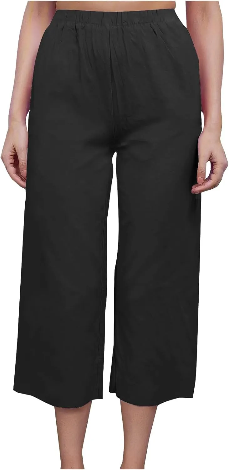 Capri Linen Pants Women Casual Wide Leg Summer Palazzo Pant Elastic High Waisted Flowy Beach Trouser with Pocket 2025