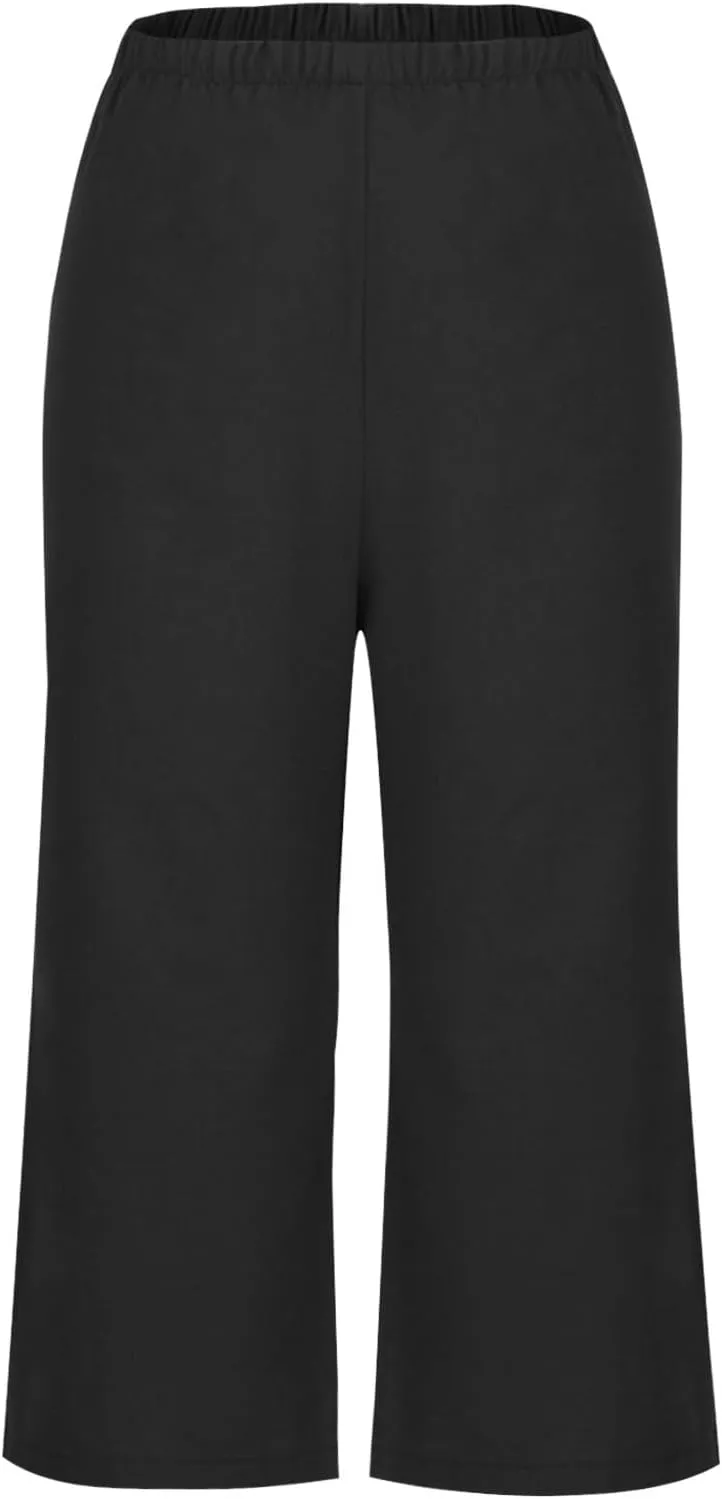 Capri Linen Pants Women Casual Wide Leg Summer Palazzo Pant Elastic High Waisted Flowy Beach Trouser with Pocket 2025