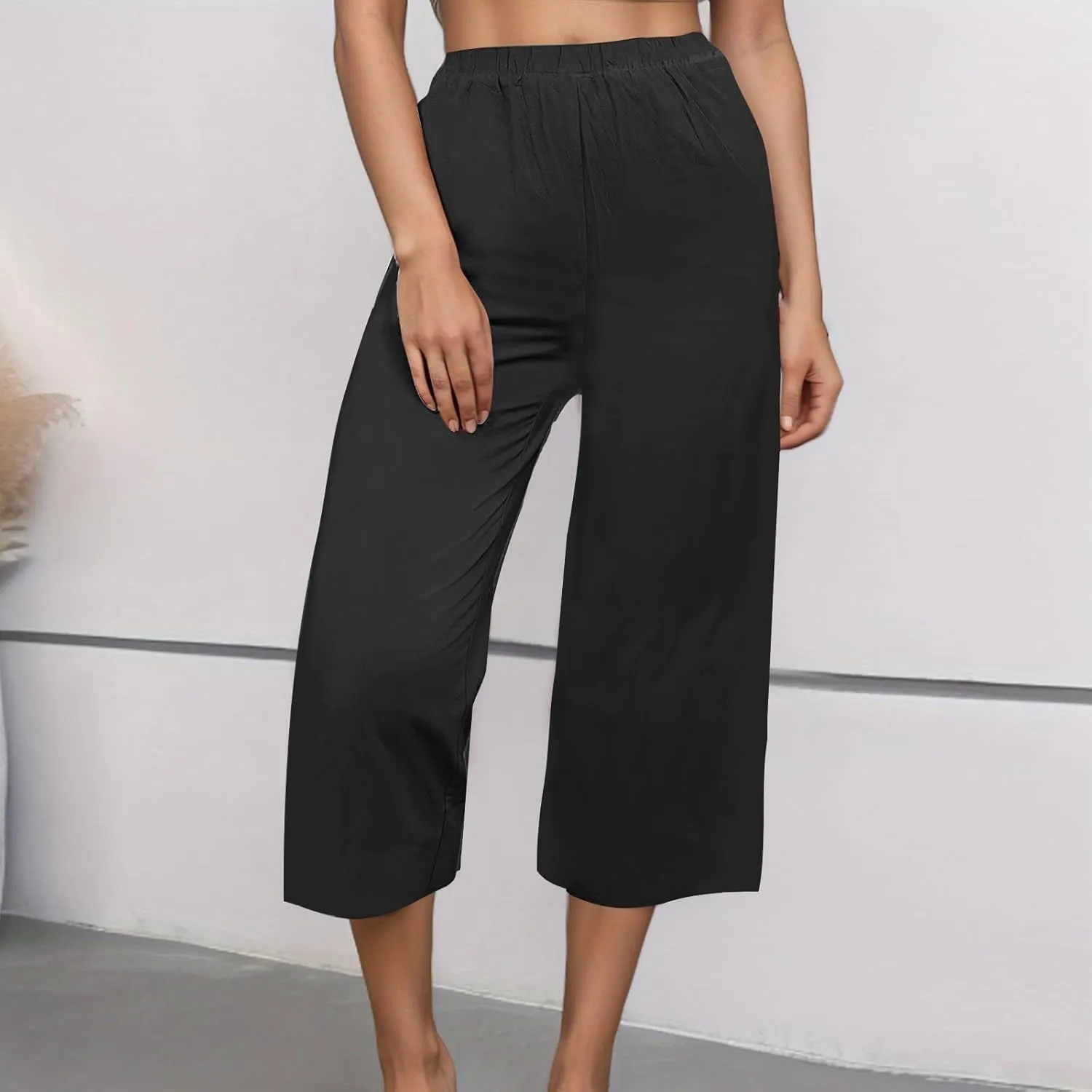 Capri Linen Pants Women Casual Wide Leg Summer Palazzo Pant Elastic High Waisted Flowy Beach Trouser with Pocket 2025