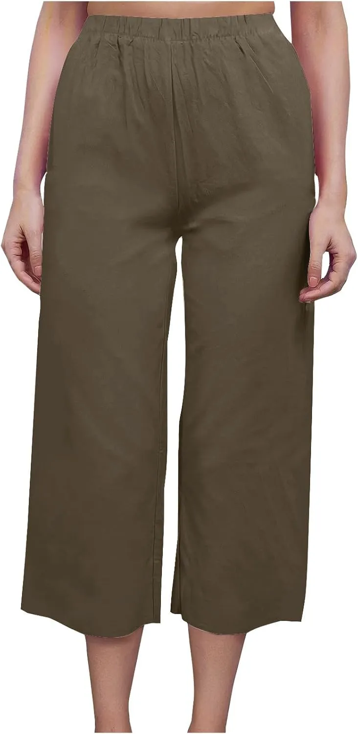 Capri Linen Pants Women Casual Wide Leg Summer Palazzo Pant Elastic High Waisted Flowy Beach Trouser with Pocket 2025