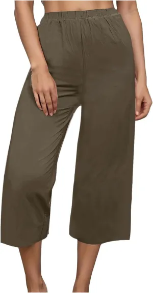 Capri Linen Pants Women Casual Wide Leg Summer Palazzo Pant Elastic High Waisted Flowy Beach Trouser with Pocket 2025