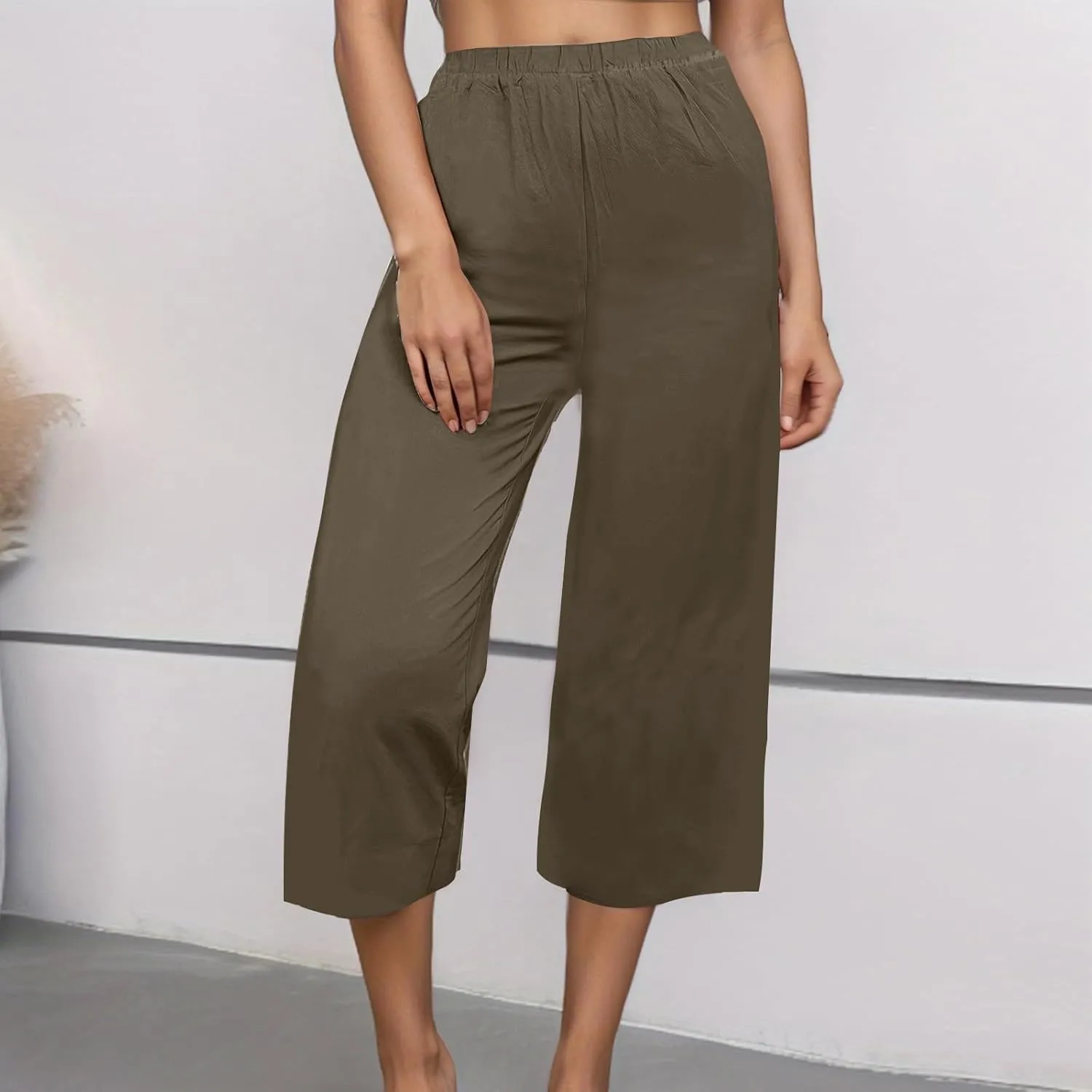 Capri Linen Pants Women Casual Wide Leg Summer Palazzo Pant Elastic High Waisted Flowy Beach Trouser with Pocket 2025