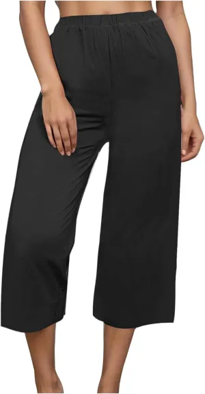 Capri Linen Pants Women Casual Wide Leg Summer Palazzo Pant Elastic High Waisted Flowy Beach Trouser with Pocket 2025