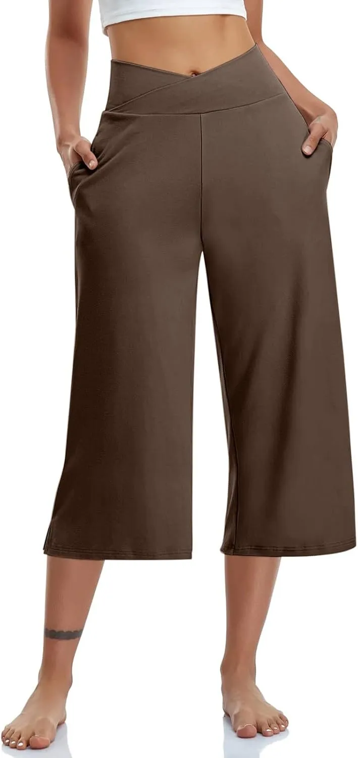 Capri Pants for Women Crossover Wide Leg Yoga Capris Tummy Control Yoga Capris with Pockets Casual Cropped Pants