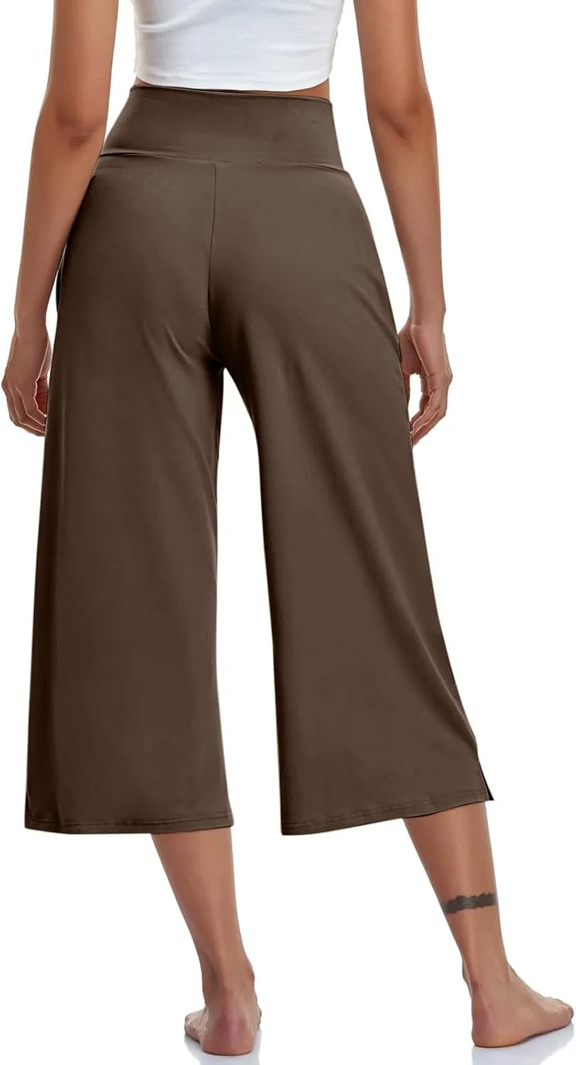Capri Pants for Women Crossover Wide Leg Yoga Capris Tummy Control Yoga Capris with Pockets Casual Cropped Pants