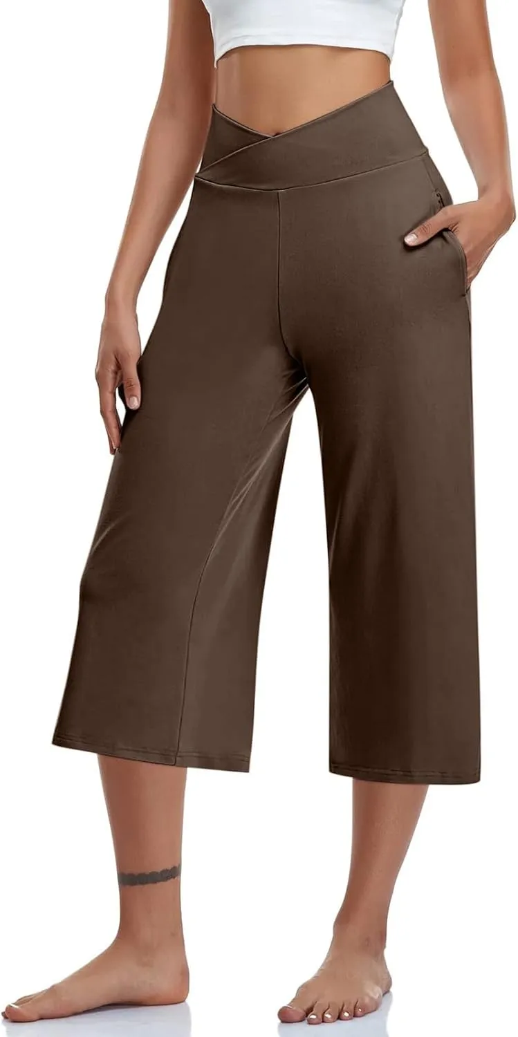 Capri Pants for Women Crossover Wide Leg Yoga Capris Tummy Control Yoga Capris with Pockets Casual Cropped Pants