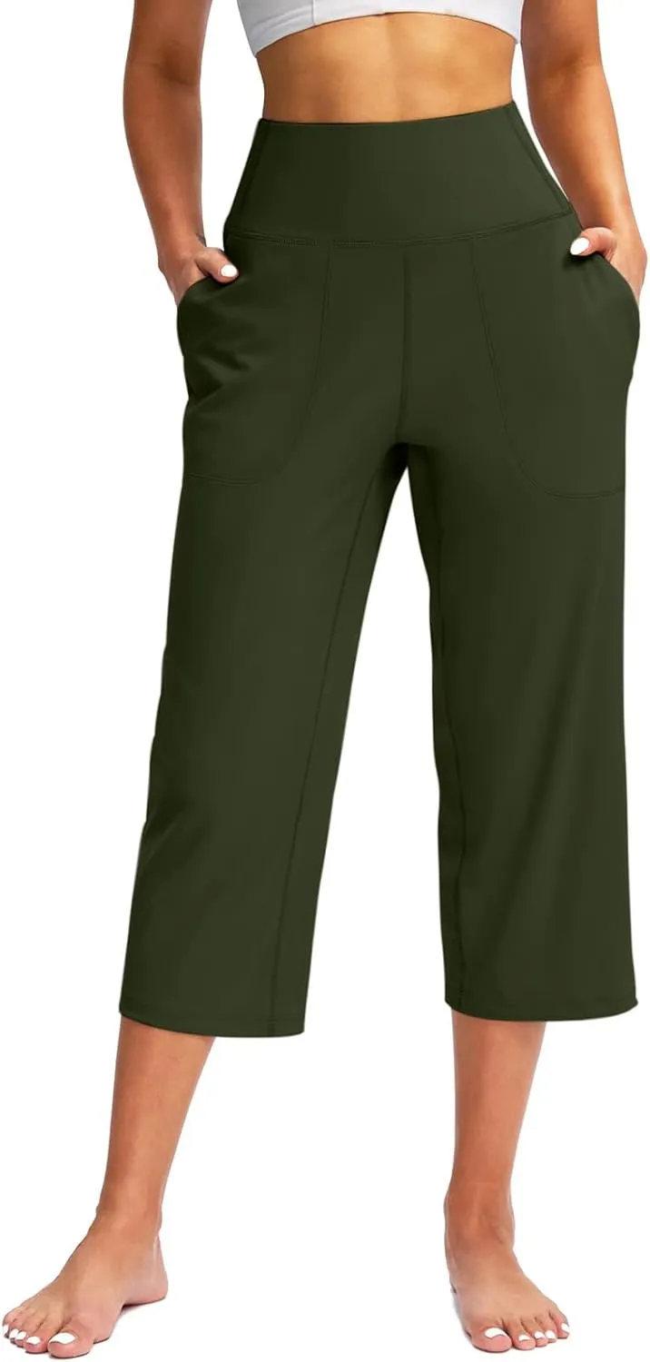Capri Pants for Women Summer Wide Leg Capri Pants with Pockets Tummy Control Yoga Capris Plus Size Cropped Pant