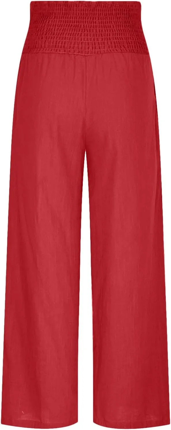 Casual Linen Wide Leg Pants for Women Smocked High Waisted Palazzo Pant Loose Baggy Elastic Waist Trousers
