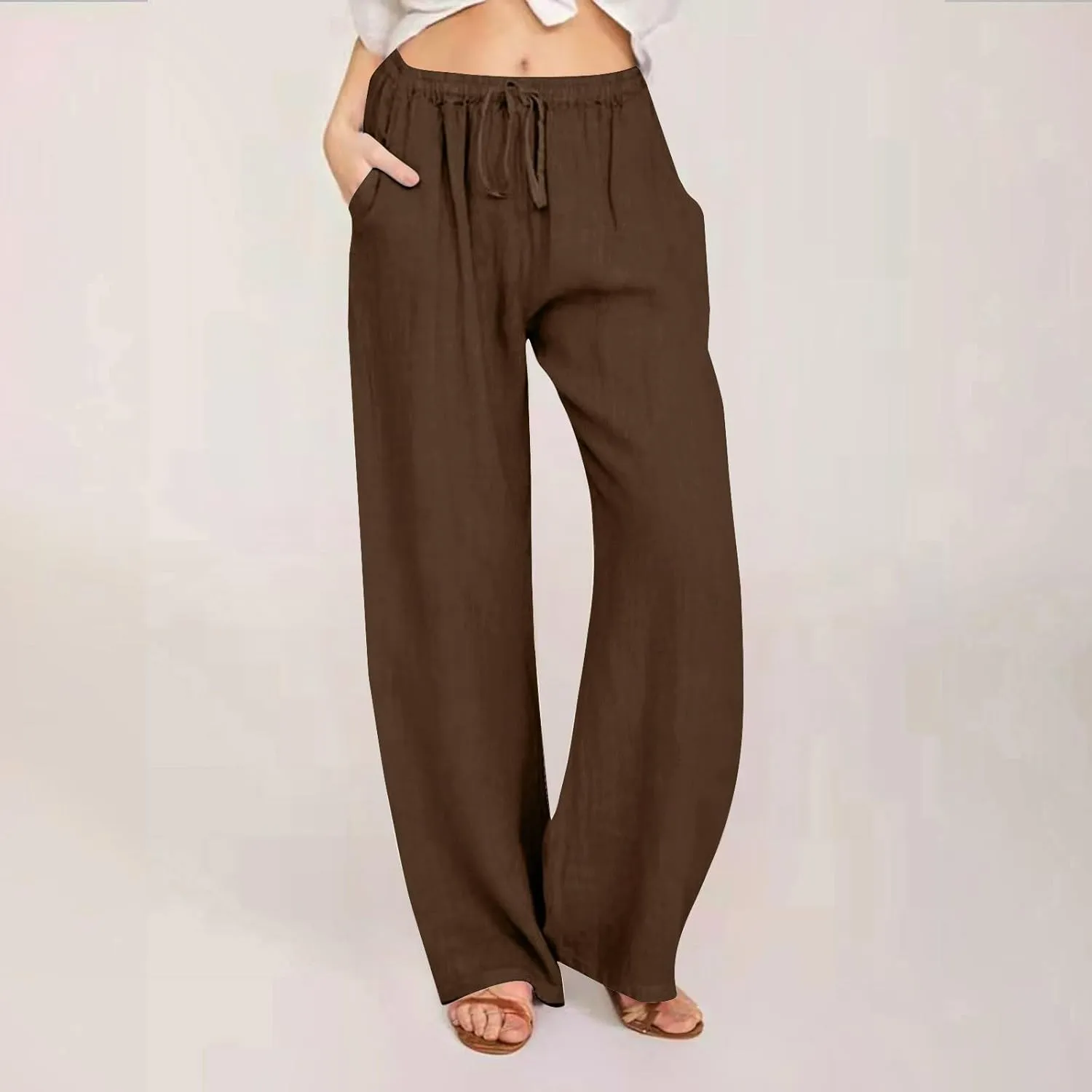 Casual Pants for Women 2025 Summer Cotton Linen Wide Leg Boho High Elastic Waist Lounge Long Trousers with Pockets