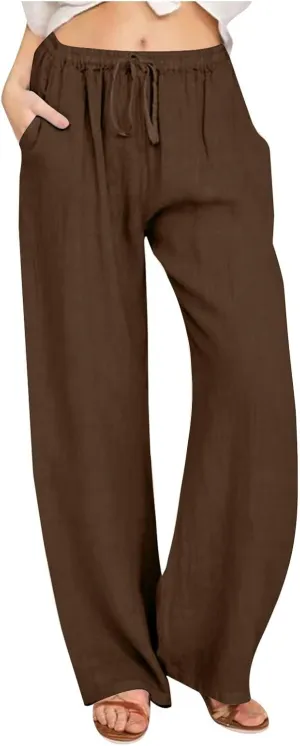 Casual Pants for Women 2025 Summer Cotton Linen Wide Leg Boho High Elastic Waist Lounge Long Trousers with Pockets