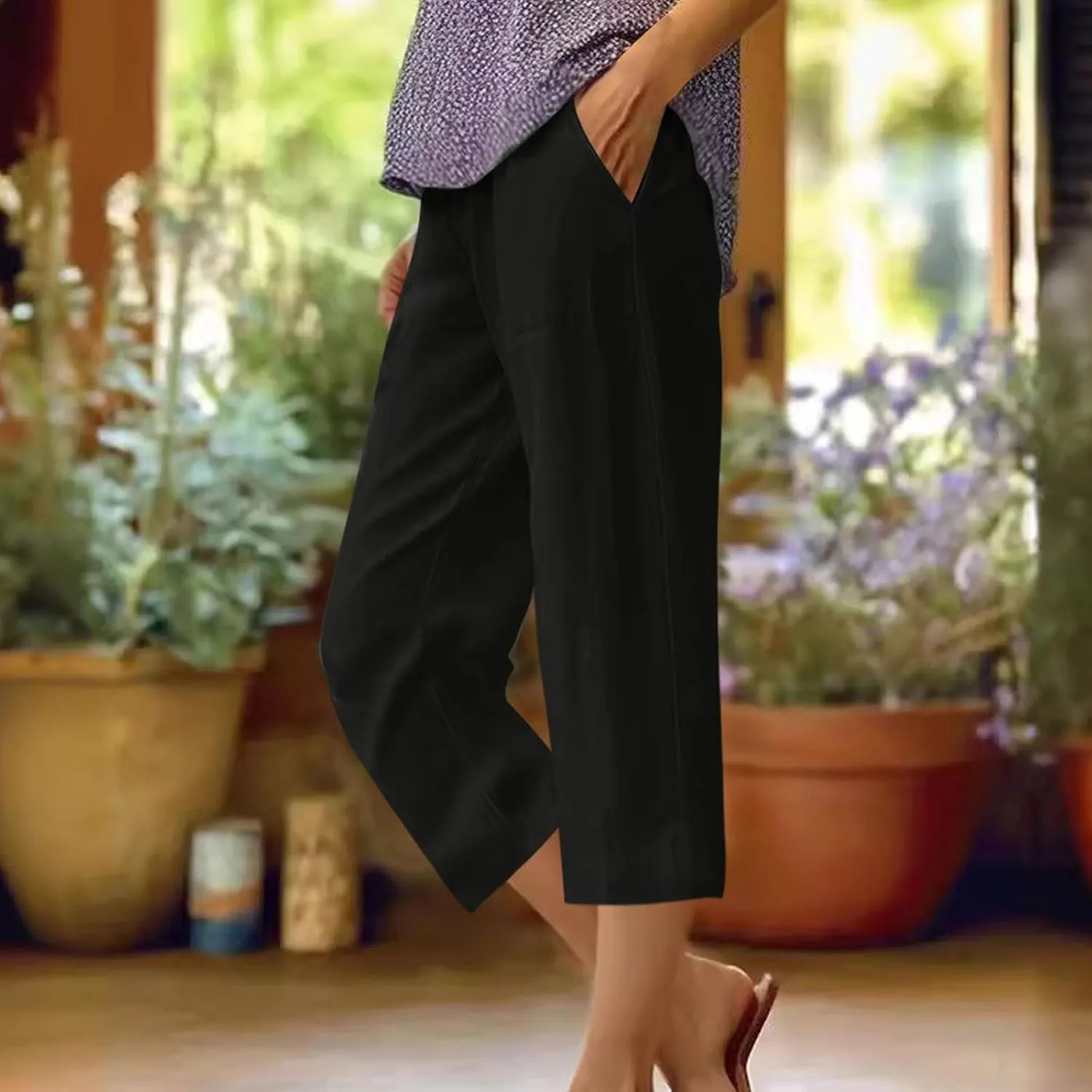 Casual Pants for Women Linen Cotton Lightweight Capri Pants Beach Drawstring Elastic Waist Trousers with Pocket Red L