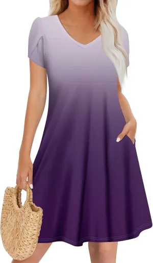 Casual Solid Color V Neck Ruffle Short Sleeve Dress Sundresses Plus Size Beach Vacation Clothes for Women Fashion