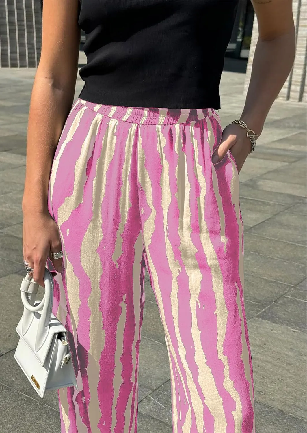 CCTOO Striped Wide Leg Pants for Women Summer 2025 Palazzo Pants for Women Casual Low Waist Lounge Pants with Pockets