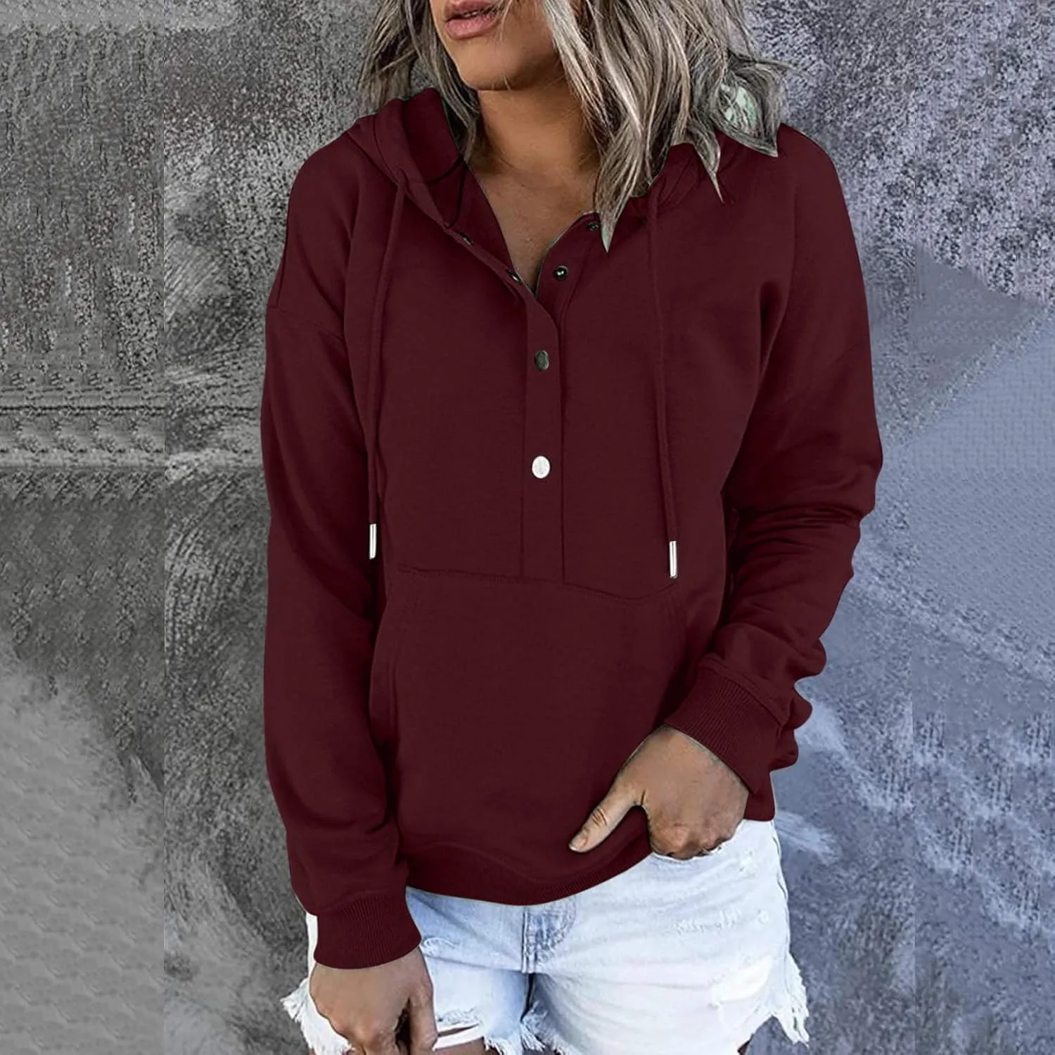 Ceboyel Button Collar Hoodies For Women Solid Color Cute Sweatshirts Long Sleeve Pullover Tops Trendy Fall Fashion 2023