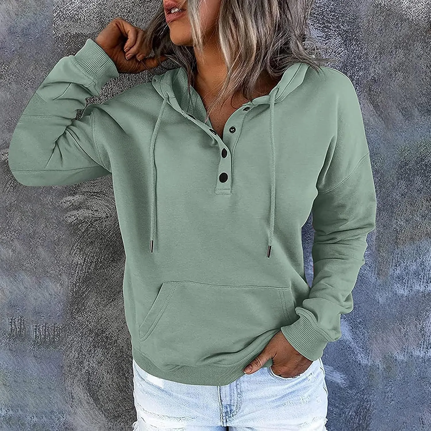 Ceboyel Button Collar Hoodies For Women Solid Color Cute Sweatshirts Long Sleeve Pullover Tops Trendy Fall Fashion 2023