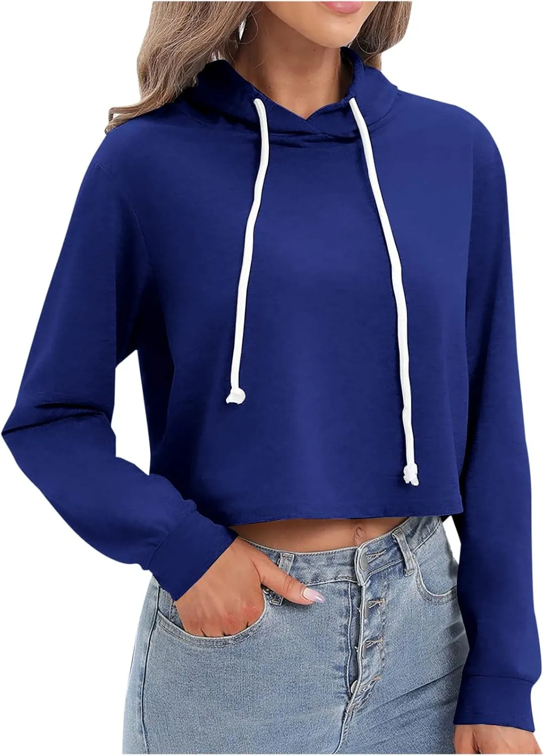 Ceboyel Women Cropped Hoodie Drawstring Pullover Sweatshirt Long Sleeve Workout Tops Trendy Y2k Teen Girls Clothes