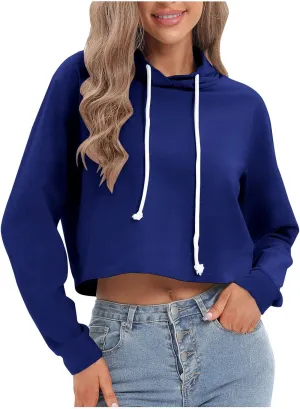 Ceboyel Women Cropped Hoodie Drawstring Pullover Sweatshirt Long Sleeve Workout Tops Trendy Y2k Teen Girls Clothes
