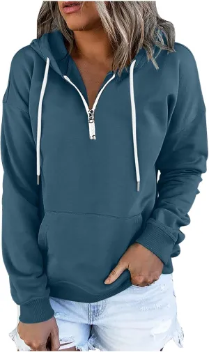 Ceboyel Women Quarter Zip Pullover Sweatshirt Solid Color Hoodies Drawstring Long Sleeve Pullover Tops Fall Clothing 2023