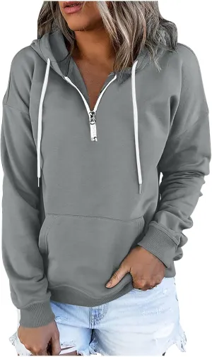 Ceboyel Women Quarter Zip Pullover Sweatshirt Solid Color Hoodies Drawstring Long Sleeve Pullover Tops Fall Clothing 2023