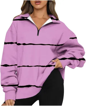 Ceboyel Women Striped Print Sweatshirts 2023 Oversized Hoodie Pullover 1/4 Zip Casual Fall Tops Loose Fit Trendy Outfits