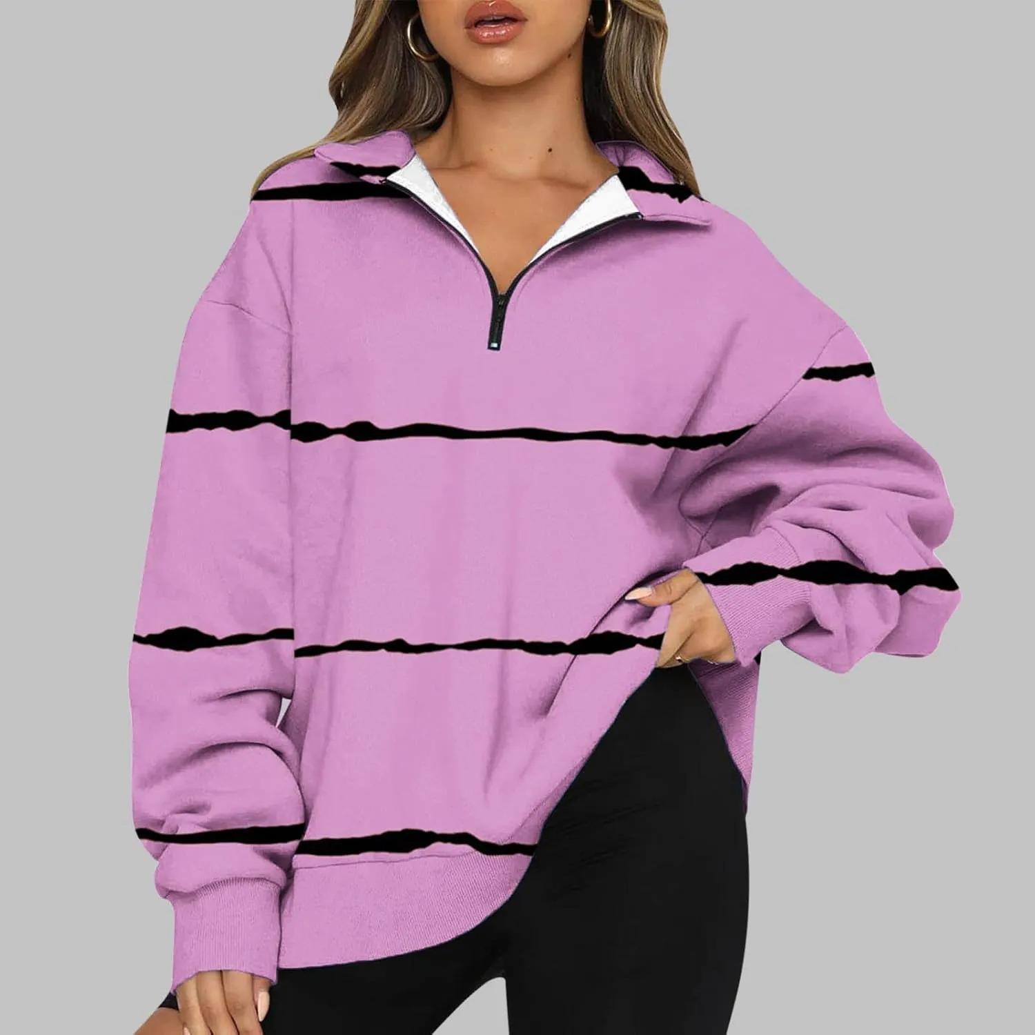 Ceboyel Women Striped Print Sweatshirts 2023 Oversized Hoodie Pullover 1/4 Zip Casual Fall Tops Loose Fit Trendy Outfits